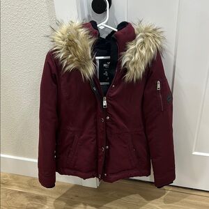 Hollister Maroon Puffer Jacket with Faux Fur Hood